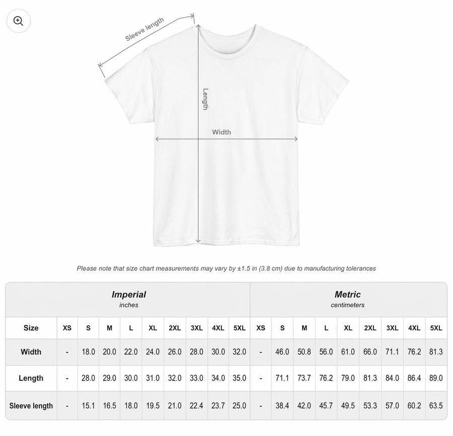 Size chart diagram