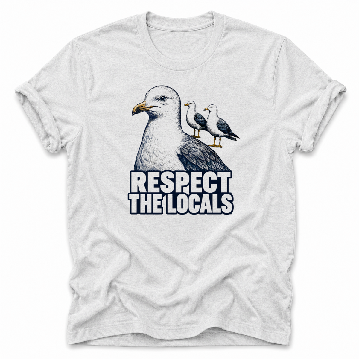 Ash Vintage seagull T-shirt featuring the “Respect the Locals” design. A unique coastal tee for ocean lovers, beach fans and anyone who loves seaside wildlife.