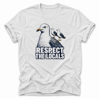 Ash Vintage seagull T-shirt featuring the “Respect the Locals” design. A unique coastal tee for ocean lovers, beach fans and anyone who loves seaside wildlife.