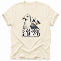 Natural Vintage seagull T-shirt featuring the “Respect the Locals” design. A unique coastal tee for ocean lovers, beach fans and anyone who loves seaside wildlife.