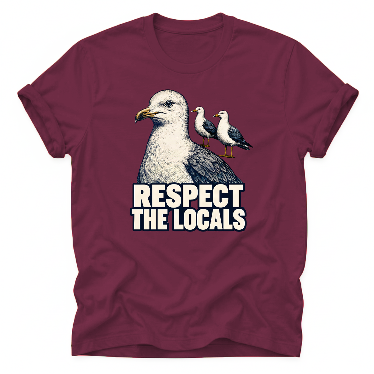 Maroon Vintage seagull T-shirt featuring the “Respect the Locals” design. A unique coastal tee for ocean lovers, beach fans and anyone who loves seaside wildlife.