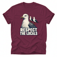 Maroon Vintage seagull T-shirt featuring the “Respect the Locals” design. A unique coastal tee for ocean lovers, beach fans and anyone who loves seaside wildlife.