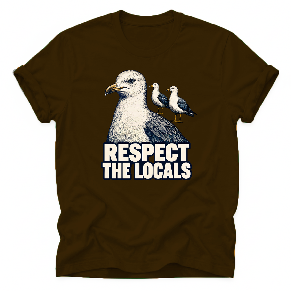 Dark Chocolate Vintage seagull T-shirt featuring the “Respect the Locals” design. A unique coastal tee for ocean lovers, beach fans and anyone who loves seaside wildlife.