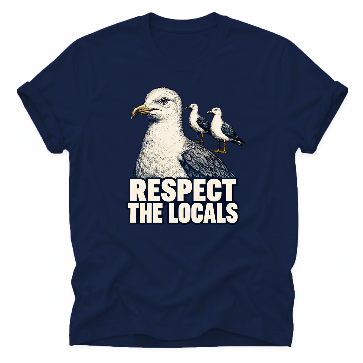 Navy Vintage seagull T-shirt featuring the “Respect the Locals” design. A unique coastal tee for ocean lovers, beach fans and anyone who loves seaside wildlife.