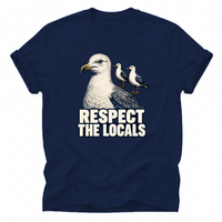 Navy Vintage seagull T-shirt featuring the “Respect the Locals” design. A unique coastal tee for ocean lovers, beach fans and anyone who loves seaside wildlife.