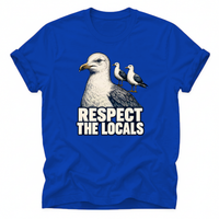 Royal Vintage seagull T-shirt featuring the “Respect the Locals” design. A unique coastal tee for ocean lovers, beach fans and anyone who loves seaside wildlife.