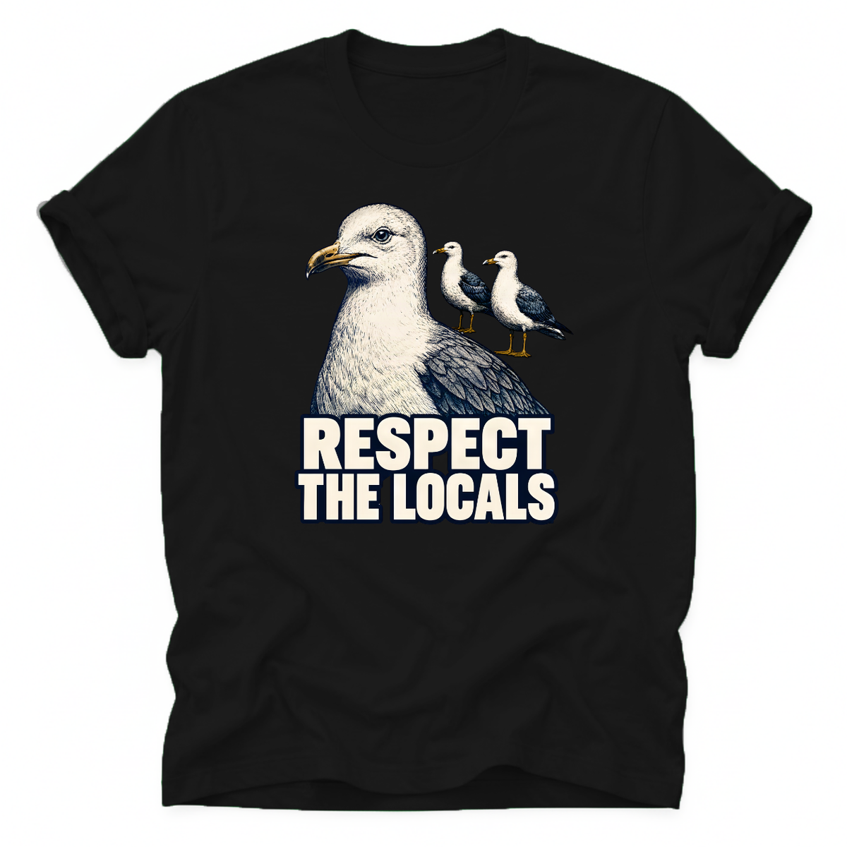 Black Vintage seagull T-shirt featuring the “Respect the Locals” design. A unique coastal tee for ocean lovers, beach fans and anyone who loves seaside wildlife.