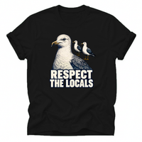 Black Vintage seagull T-shirt featuring the “Respect the Locals” design. A unique coastal tee for ocean lovers, beach fans and anyone who loves seaside wildlife.