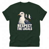Forest Green Vintage seagull T-shirt featuring the “Respect the Locals” design. A unique coastal tee for ocean lovers, beach fans and anyone who loves seaside wildlife.