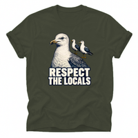 Military Green Vintage seagull T-shirt featuring the “Respect the Locals” design. A unique coastal tee for ocean lovers, beach fans and anyone who loves seaside wildlife.